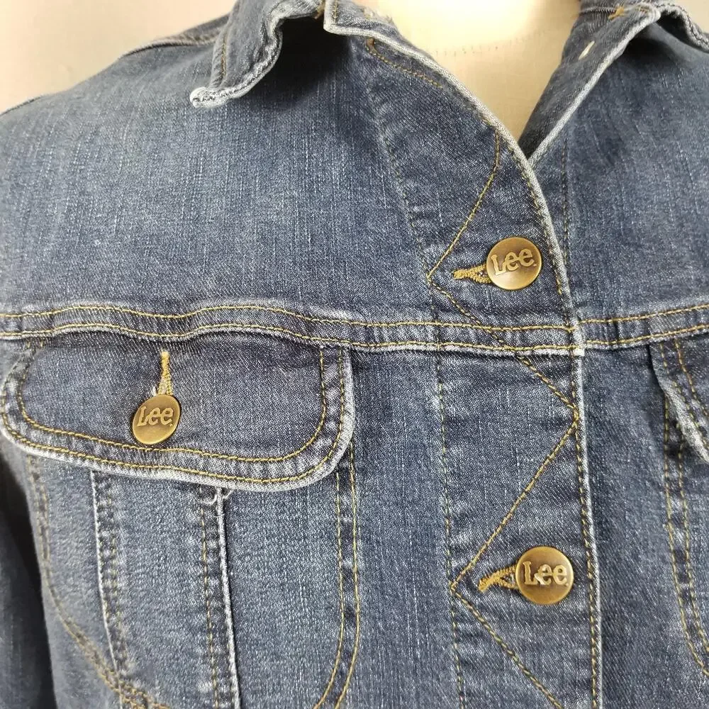 Lee Jean Jacket Womens Large Denim Trucker‎ Stretch Button Front Pockets Casual